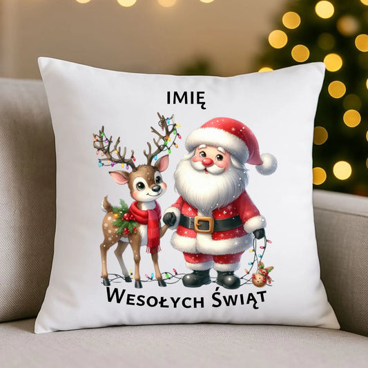 Poduszka świąteczna - Mikołaj z reniferem - personalizowana BN09 - StoryCups.pl