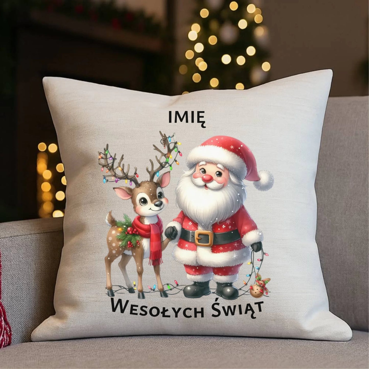 Poduszka świąteczna - Mikołaj z reniferem - personalizowana BN09 - StoryCups.pl