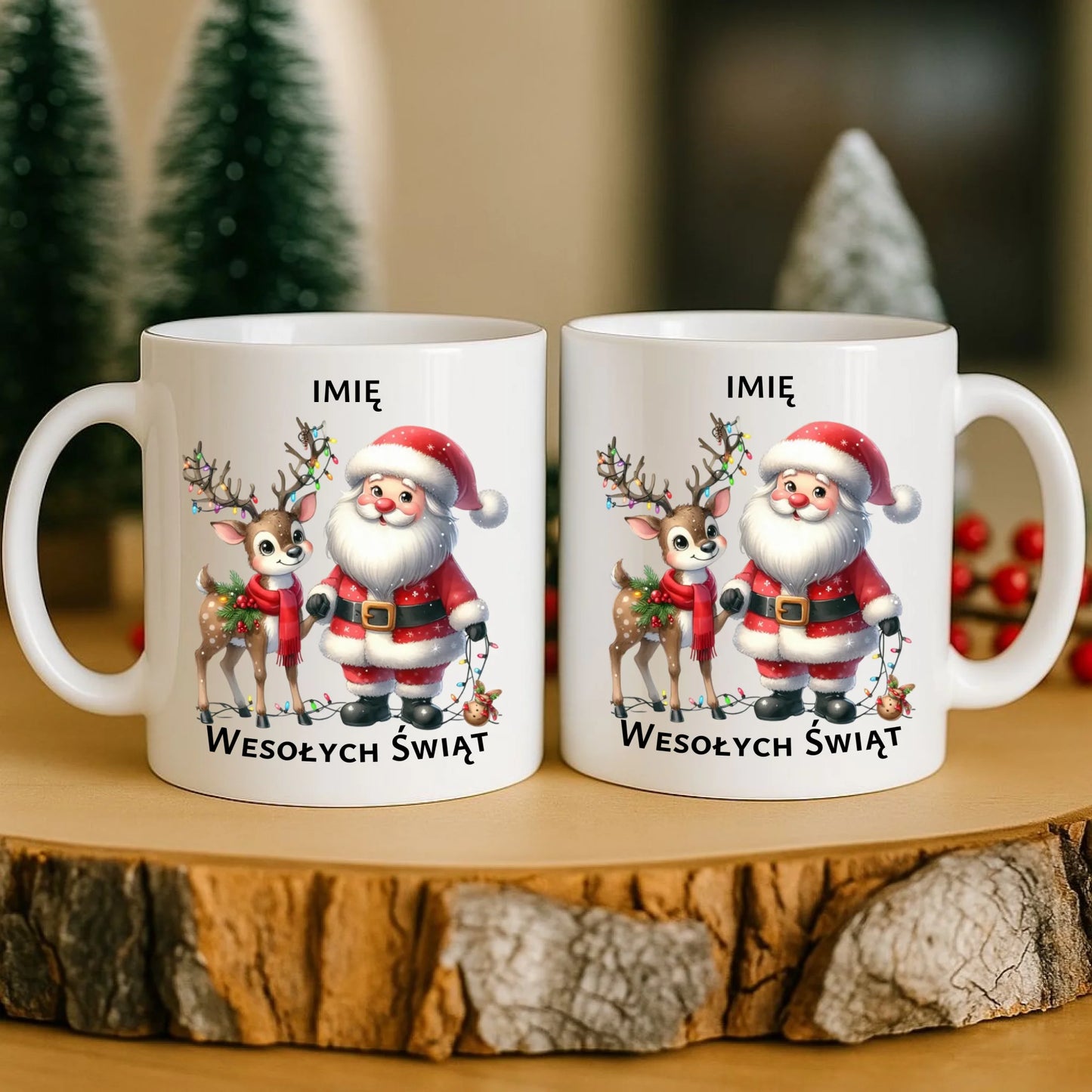Kubek świąteczny - Mikołaj z reniferem - personalizowany BN09 - StoryCups.pl