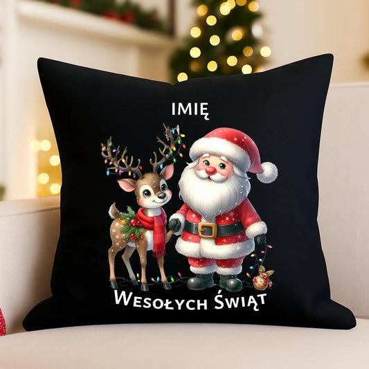 Poduszka dekoracyjna świąteczna - Mikołaj z reniferem - personalizowana BN09 - StoryCups.pl