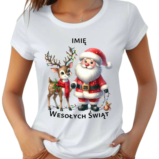 Koszulka damska świąteczna - Mikołaj z reniferem - personalizowana BN09 - StoryCups.pl