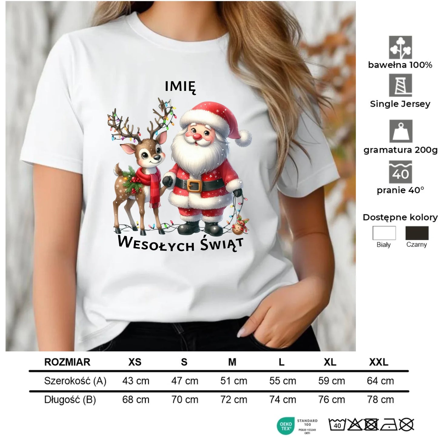 Koszulka damska świąteczna - Mikołaj z reniferem - personalizowana BN09 - StoryCups.pl