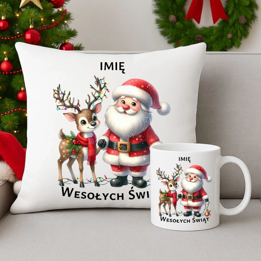 Zestaw poduszka i kubek świąteczny - Mikołaj z reniferem - personalizowany BN09 - StoryCups.pl