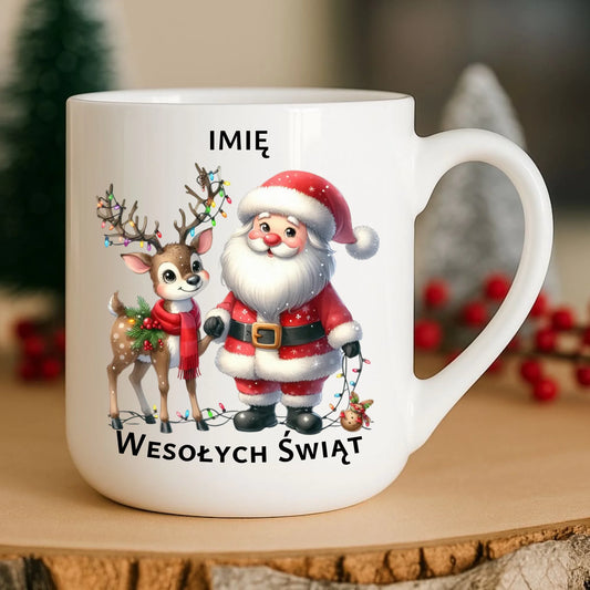 Kubek elegant świąteczny - Mikołaj z reniferem - personalizowany BN09 - StoryCups.pl