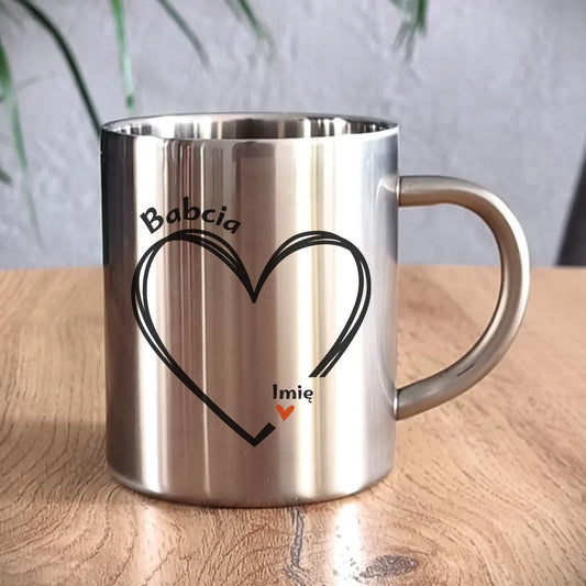 Kubek metalowy dla babci - Serce z imionami wnuków 1-7 - personalizowany B26 - StoryCups.pl