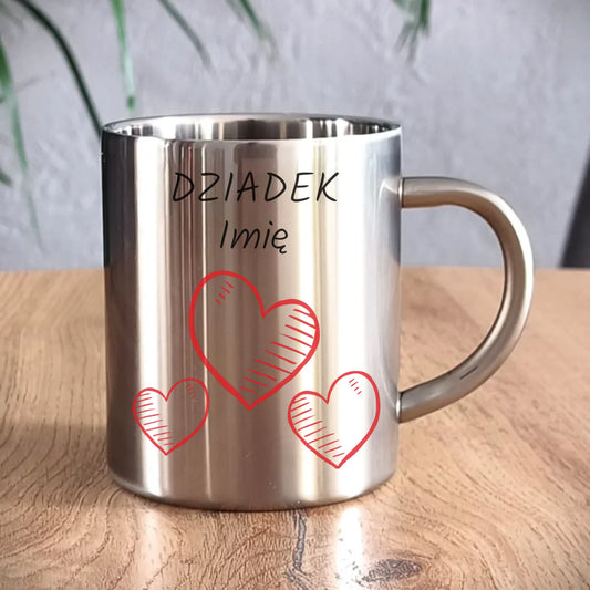 Kubek metalowy dla dziadka - Serca - personalizowany D01 - StoryCups.pl