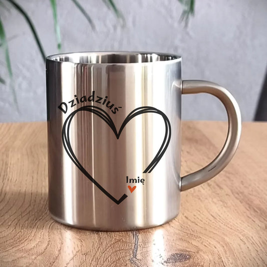 Kubek metalowy dla dziadka - Serce z imionami wnuków 1-7 - personalizowany D26 - StoryCups.pl