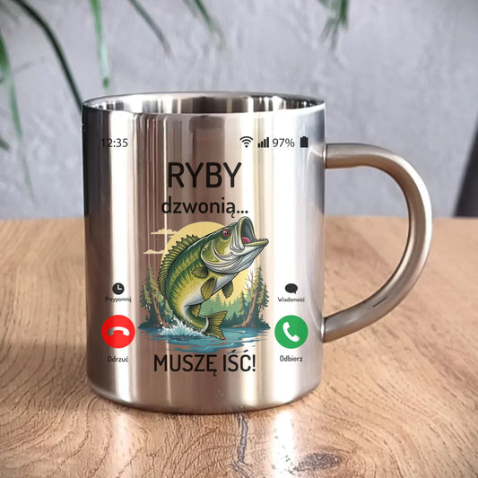 Kubek metalowy dla dziadka wędkarza - Ryby dzwonią muszę iść D37 - StoryCups.pl