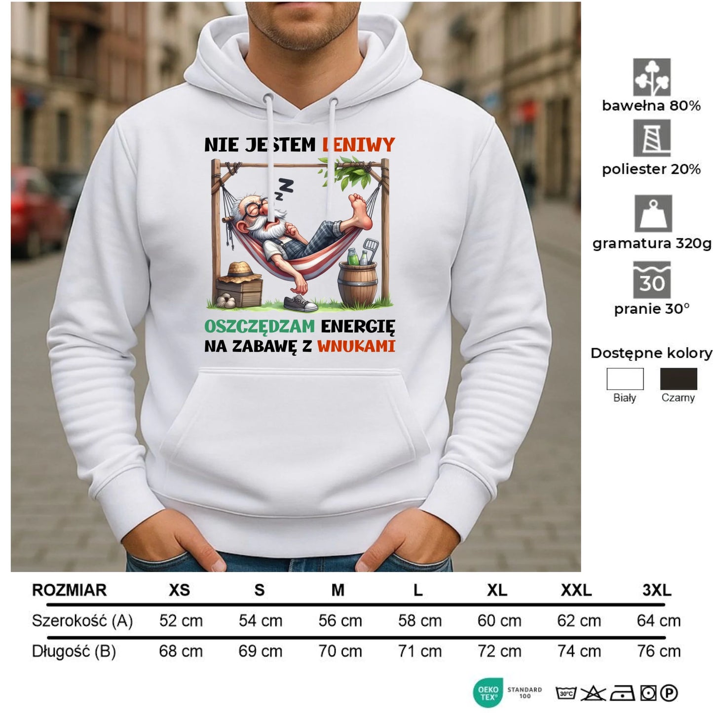 Bluza z kapturem dla dziadka - Nie jestem leniwy oszczędzam energię D39 - StoryCups.pl