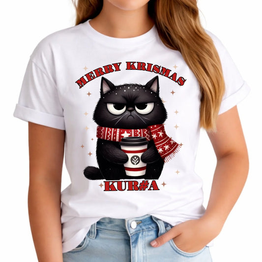 Koszulka damska świąteczna - Zburczany kot Merry Krismas kur#a - bez cenzury BN34 - StoryCups.pl