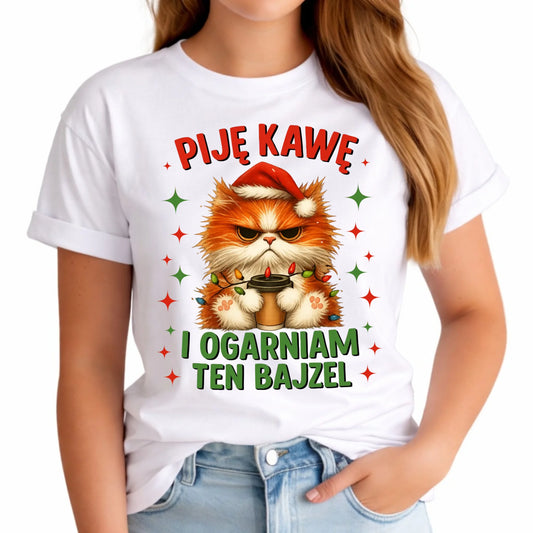 Koszulka damska świąteczna - Kot Piję kawę i ogarniam ten bajzel BN39 - StoryCups.pl