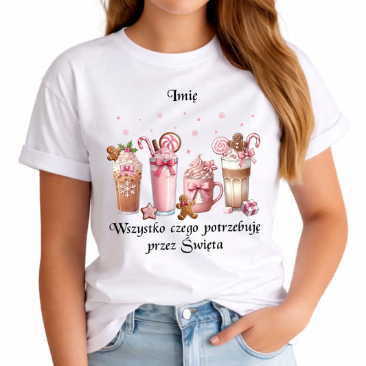 Koszulka damska świąteczna - Zimowa kawa Wszystko czego potrzebuję przez Święta - personalizowana BN46 - StoryCups.pl