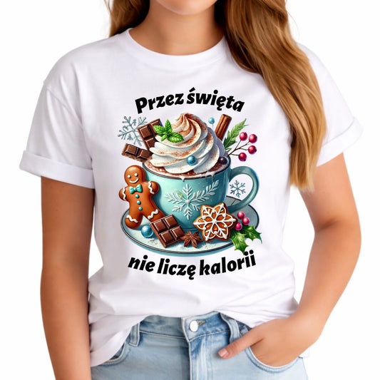 Koszulka damska świąteczna - Przez święta nie liczę kalorii BN31 - StoryCups.pl