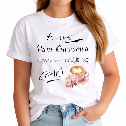 Koszulka damska szyciowa dla krawcowej - Napije się kawki HS27 - StoryCups.pl