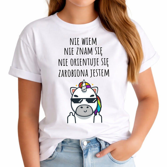 Koszulka damska - Nie wiem, nie znam się, zarobiona jestem DZ05 - StoryCups.pl