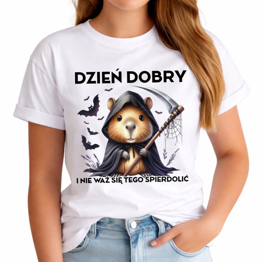 Koszulka damska halloweenowa - Kapibara Żniwiarz - Dzień dobry - bez cenzury HL20 - StoryCups.pl