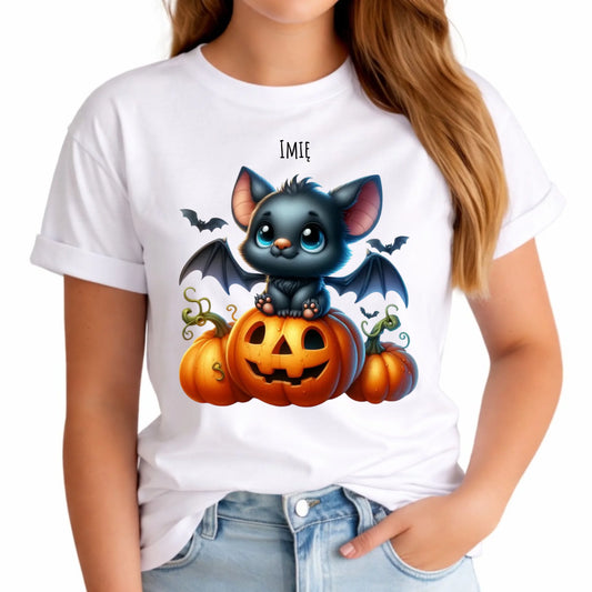 Koszulka damska halloweenowa - Słodki nietoperz z dynią - personalizowana HL09 - StoryCups.pl