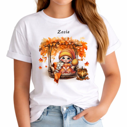 Koszulka damska jesieniara - Dziewczynka z liśćmi - personalizowana JS17 - StoryCups.pl