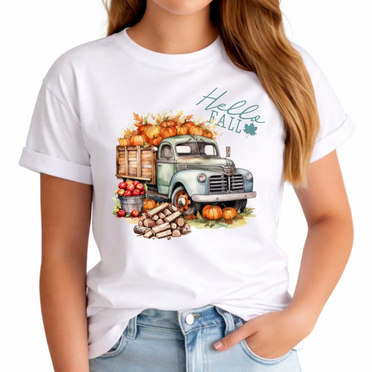 Koszulka damska jesieniara – Hello Fall ciężarówka z dyniami JS08 - StoryCups.pl
