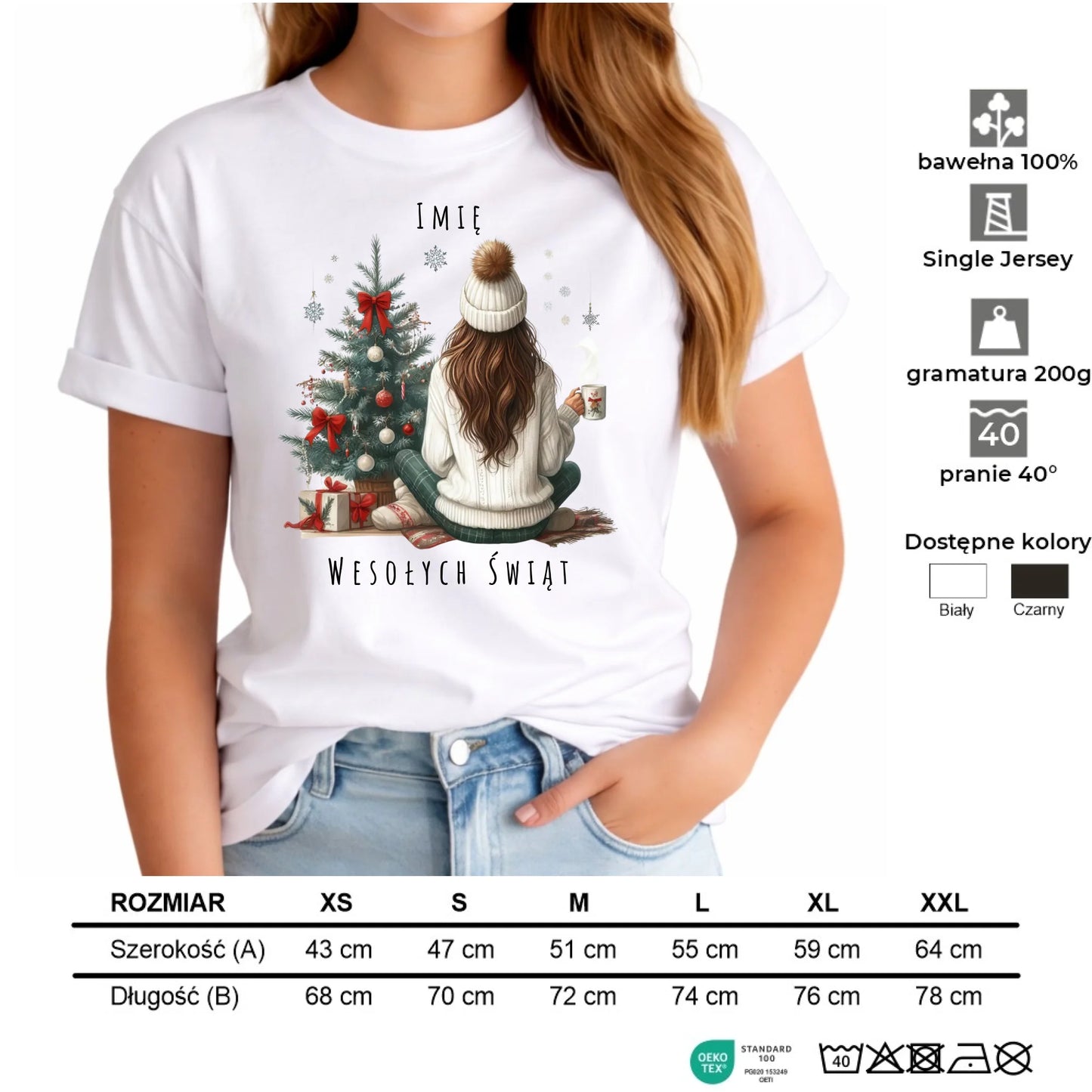 Koszulka damska świąteczna - Dziewczyna przy choince - personalizowana BN15 - StoryCups.pl