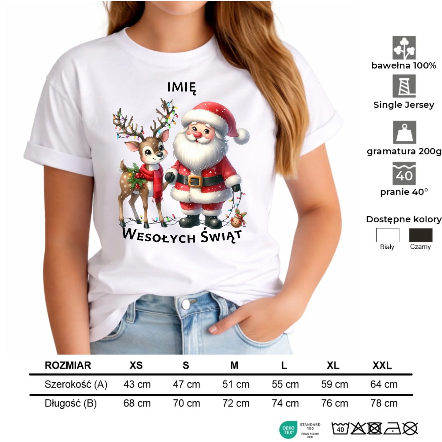 Koszulka damska świąteczna - Mikołaj z reniferem - personalizowana BN09 - StoryCups.pl