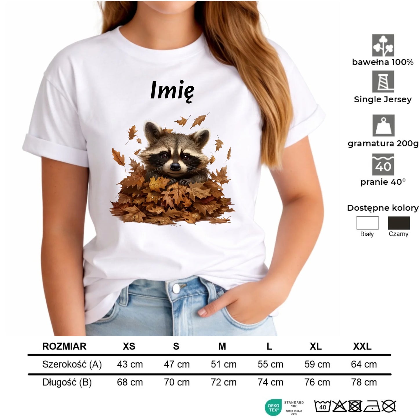 Koszulka damska jesienna - Szop w liściach - personalizowana JS24 - StoryCups.pl