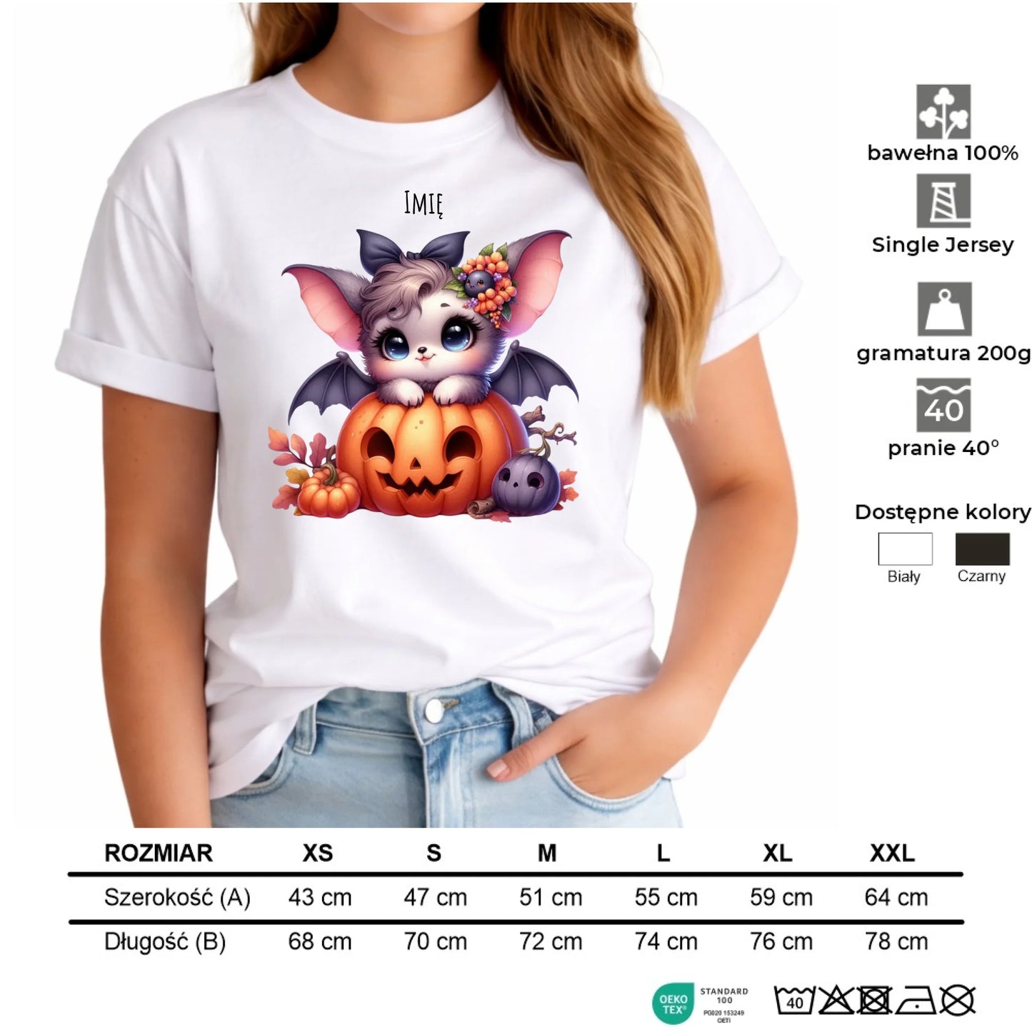 Koszulka damska halloweenowa - Uroczy nietoperz z dynią - personalizowana HL08 - StoryCups.pl