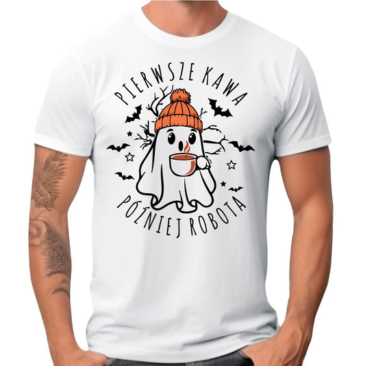 Koszulka męska halloweenowa - Duch z kawą - Pierwsze kawa później robota HL01