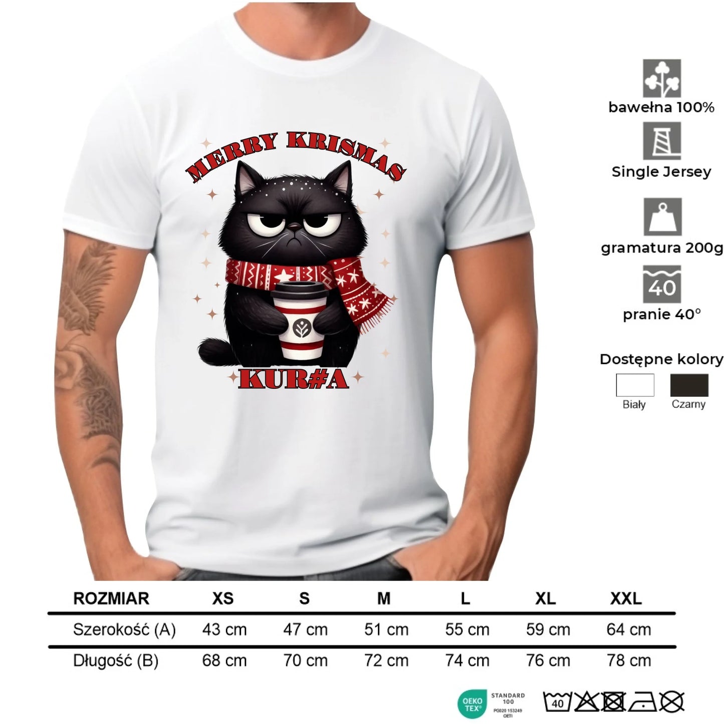 Koszulka męska świąteczna - Zburczany kot Merry Krismas kur#a - bez cenzury BN34
