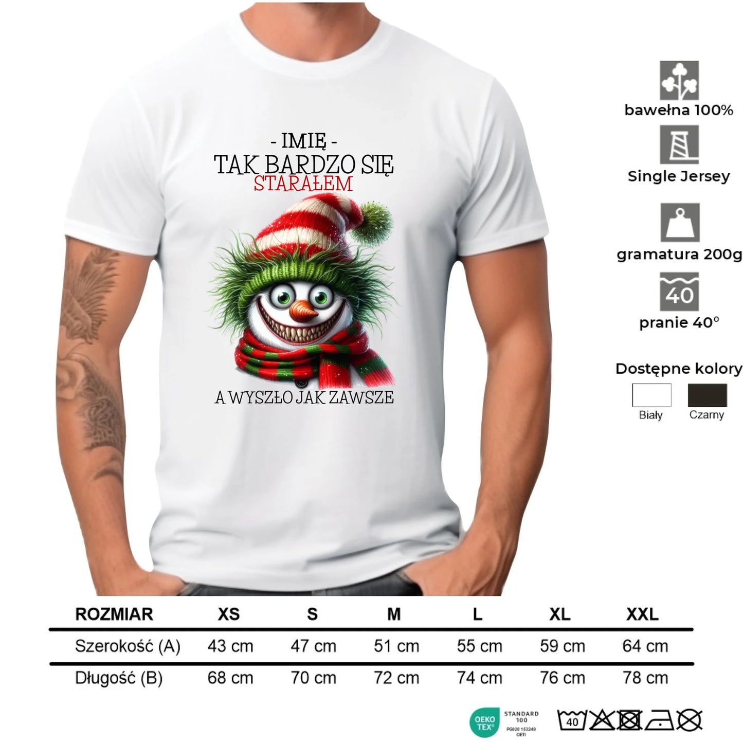 Koszulka męska świąteczna z bałwanem - Tak bardzo się starałem - personalizowana BN120