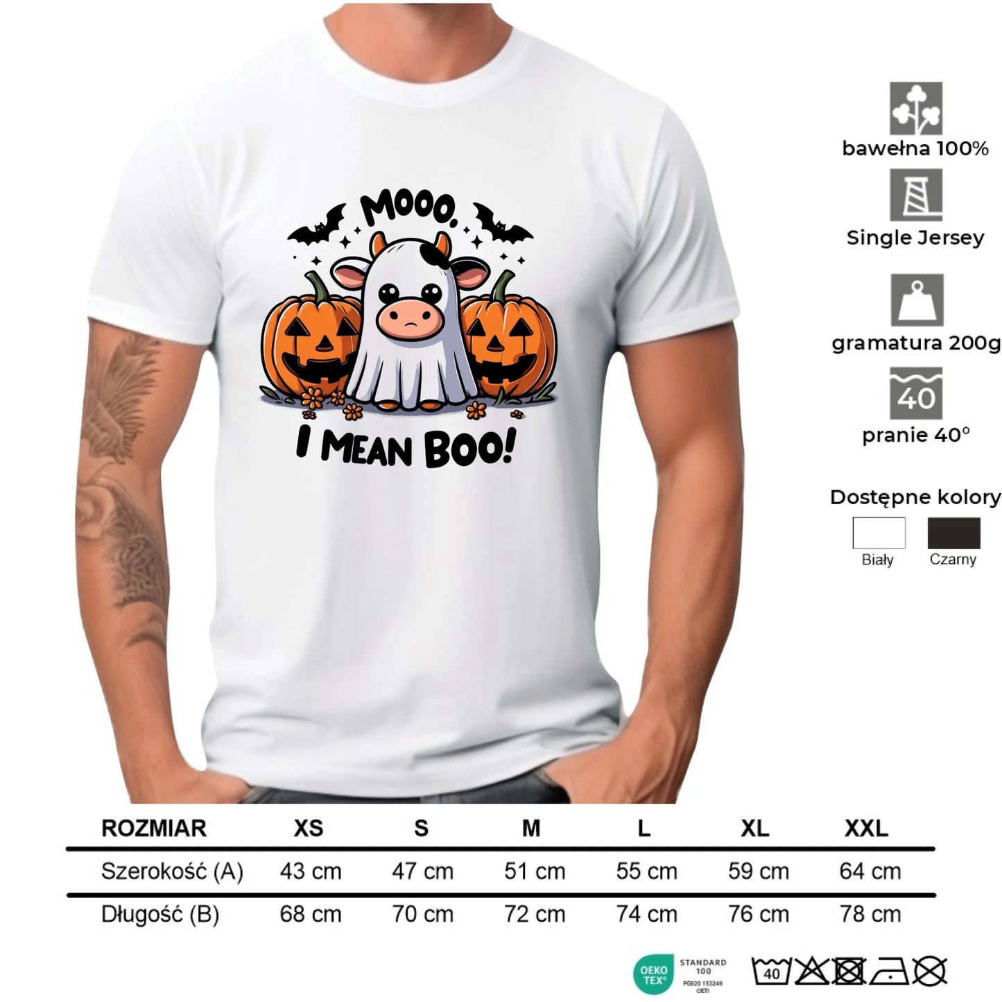 Koszulka męska na Halloween - Mooo I mean Boo! - z dynią i duchem HL14
