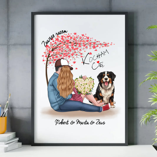 Plakat w ramie dla par + Berneńczyk - Zawsze razem - personalizowany W04A - StoryCups.pl