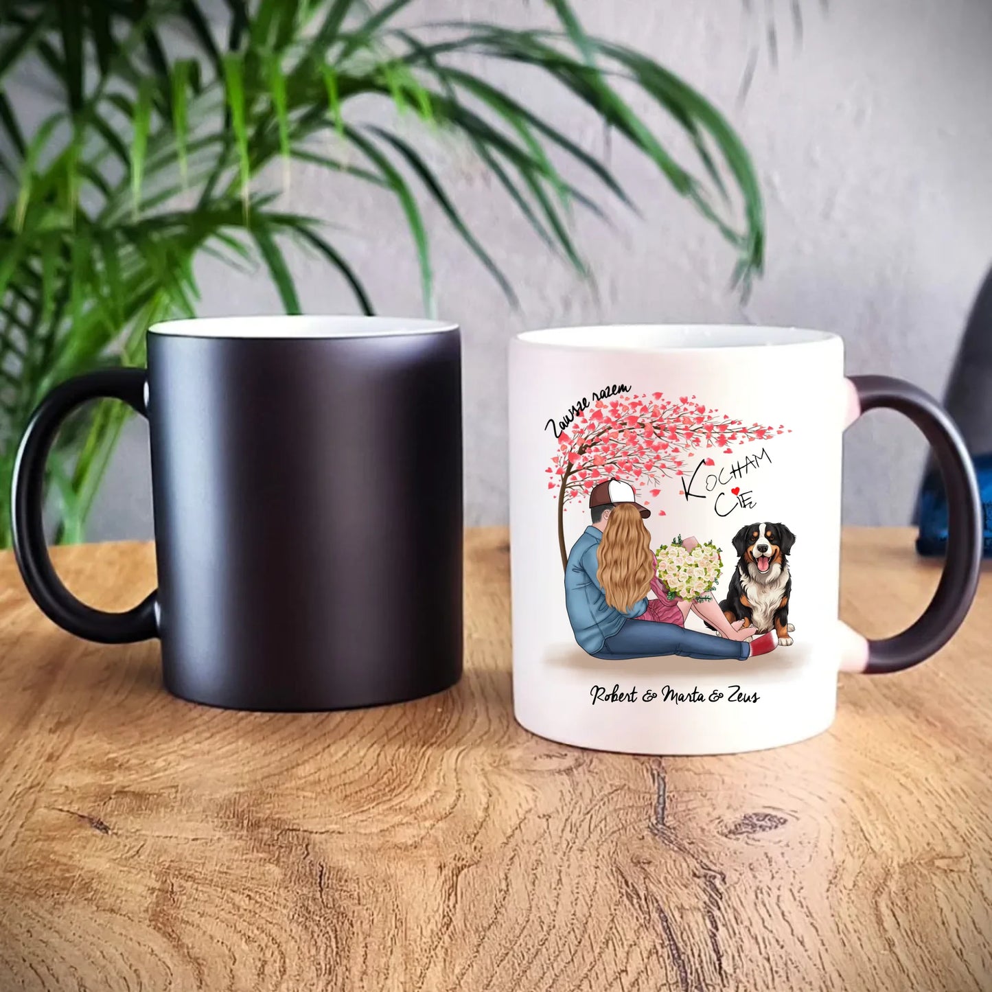 Kubek magiczny dla par + Berneńczyk - Zawsze razem - personalizowany W04A - StoryCups.pl