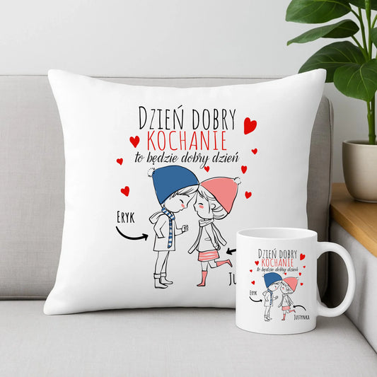 Zestaw poduszka i kubek dla par - Dzień dobry Kochanie - personalizowany W10 - StoryCups.pl