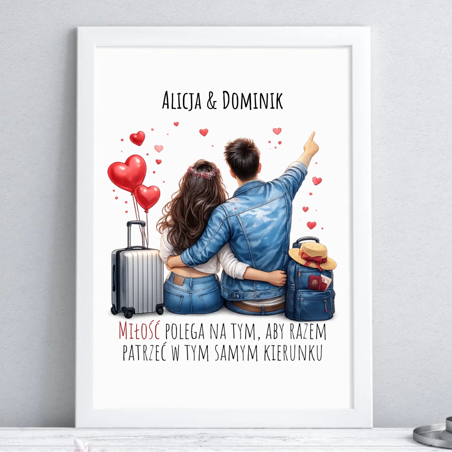 Plakat w ramie dla par - Para w podróży miłość - personalizowany W12 - StoryCups.pl