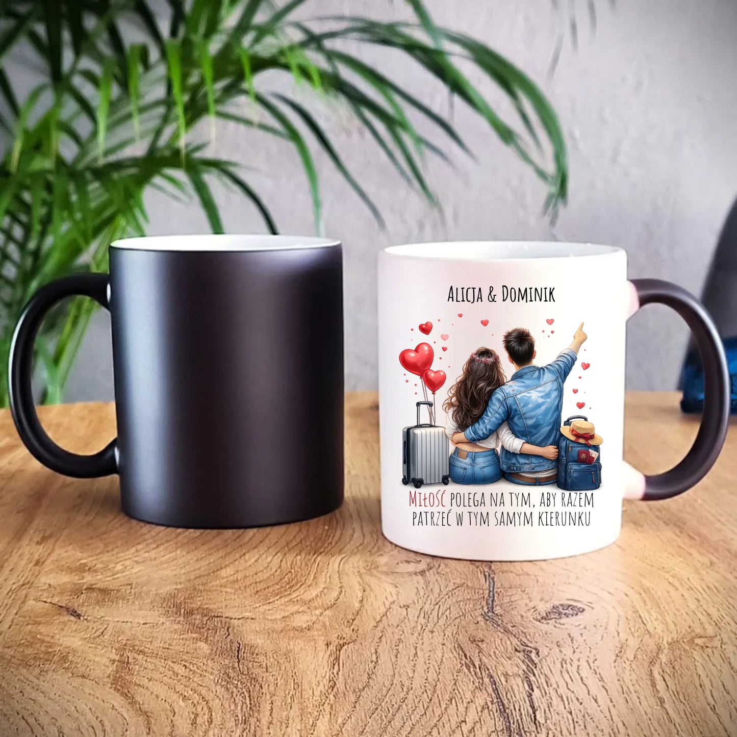 Kubek magiczny dla par - Para w podróży miłość - personalizowany W12 - StoryCups.pl