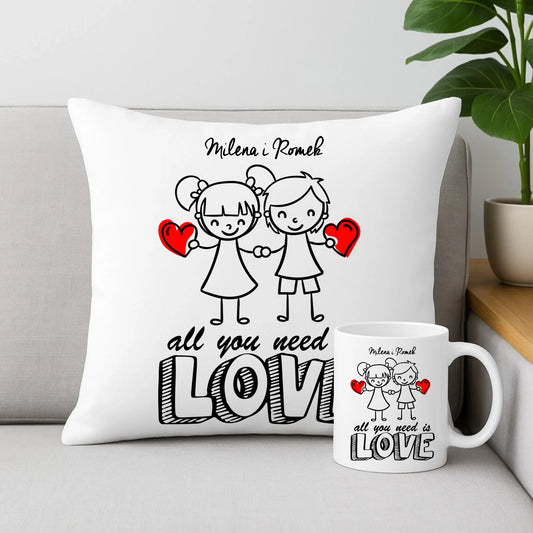 Zestaw poduszka i kubek dla par - All You need is love - personalizowany W13 - StoryCups.pl