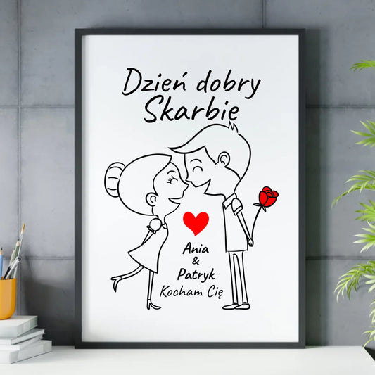 Plakat w ramie dla par - Dzień dobry Skarbie - personalizowany W15 - StoryCups.pl