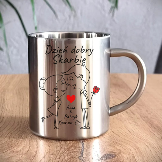 Kubek metalowy dla par - Dzień dobry Skarbie - personalizowany W15 - StoryCups.pl