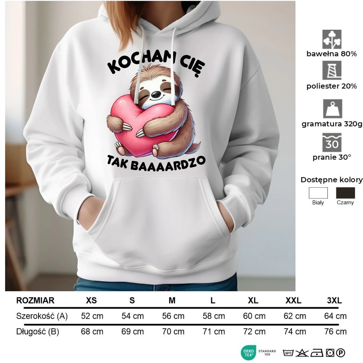 Bluza damska z kapturem - Leniwiec Kocham Cię tak baaaardzo W16 - StoryCups.pl