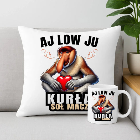 Zestaw poduszka i kubek dla par - Janusz nosacz - Aj low ju kurła W26 - StoryCups.pl