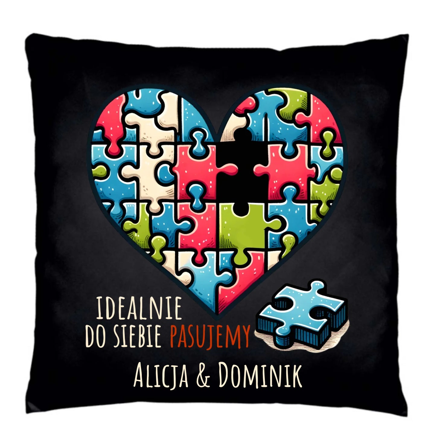 Poduszka dekoracyjna dla par - Idealnie do siebie pasujemy - personalizowana W44 - StoryCups.pl