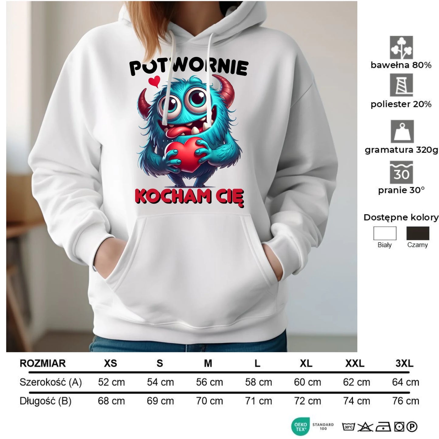 Bluza damska z kapturem - Potwornie Kocham Cię W45 - StoryCups.pl