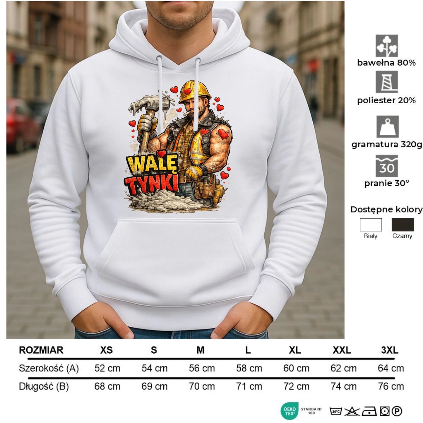 Bluza męska z kapturem na Walentynki - Budowlaniec Walę tynki W64 - StoryCups.pl