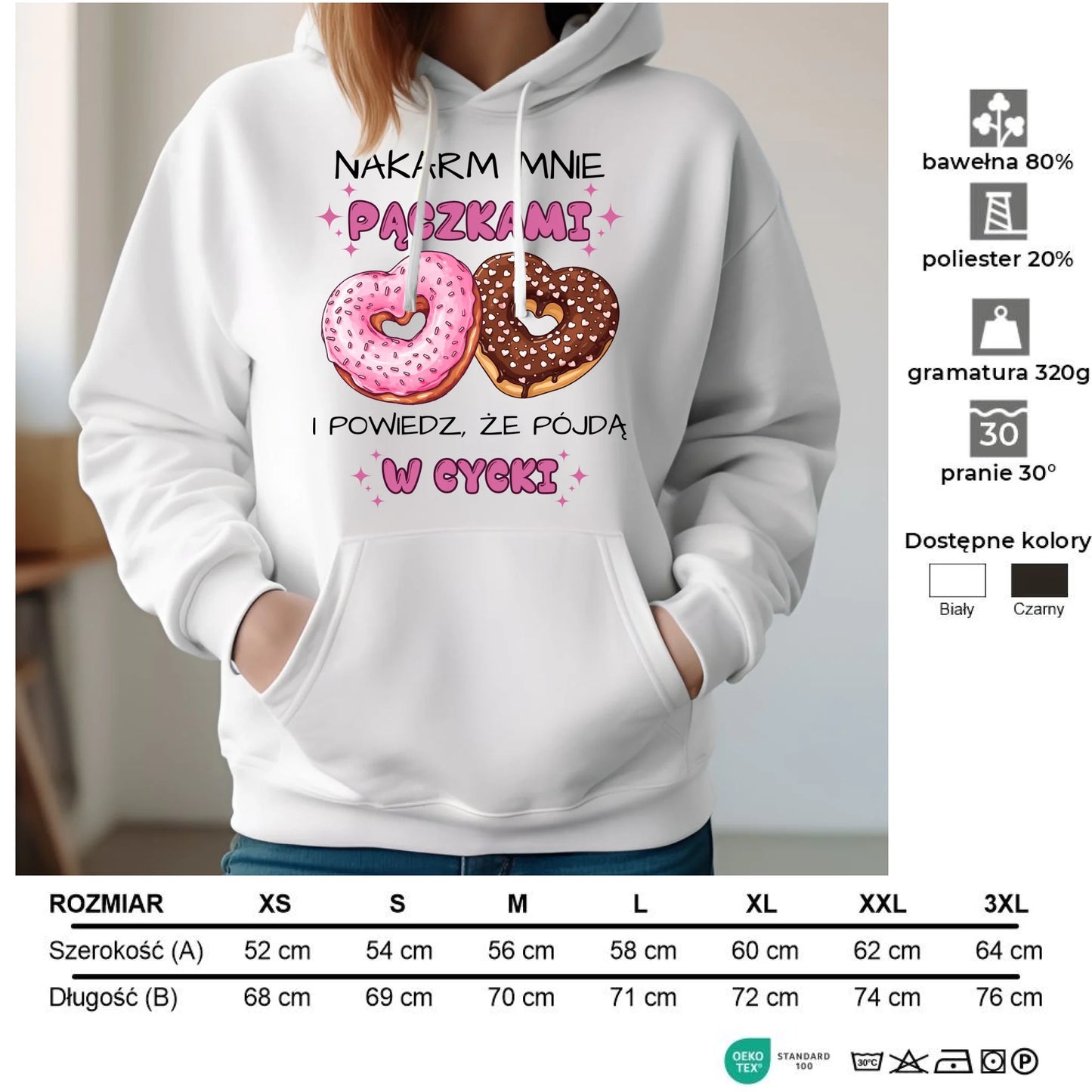 Bluza damska z kapturem - Nakarm mnie pączkami W59 - StoryCups.pl