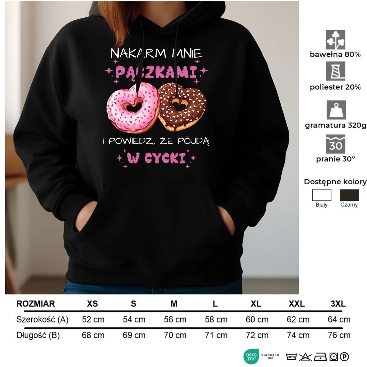 Bluza damska z kapturem - Nakarm mnie pączkami W59 - StoryCups.pl