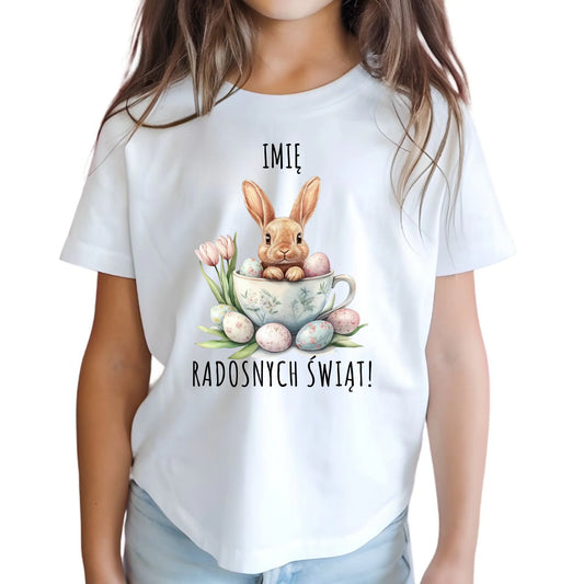 Koszulka dziecięca na Wielkanoc - Zajączek radosnych świąt - personalizowana WN01 - StoryCups.pl
