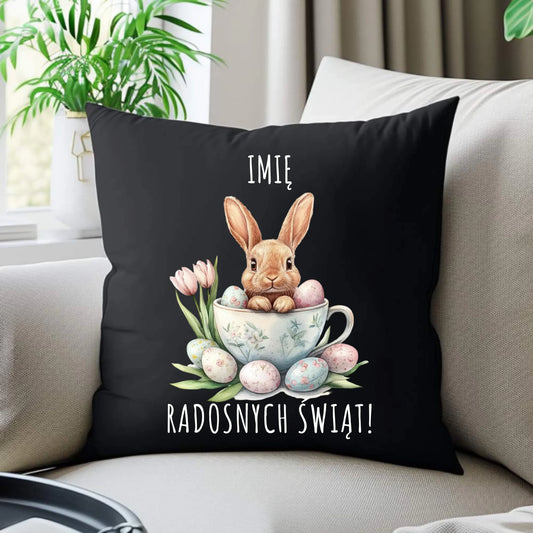 Poduszka dekoracyjna na Wielkanoc - Zajączek radosnych świąt - personalizowana WN01 - StoryCups.pl