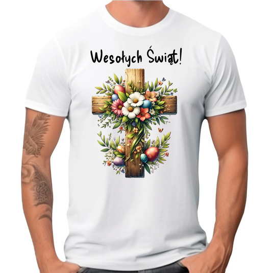 Koszulka męska na Wielkanoc - Krzyż z kwiatami Wesołych Świąt WN02 - StoryCups.pl