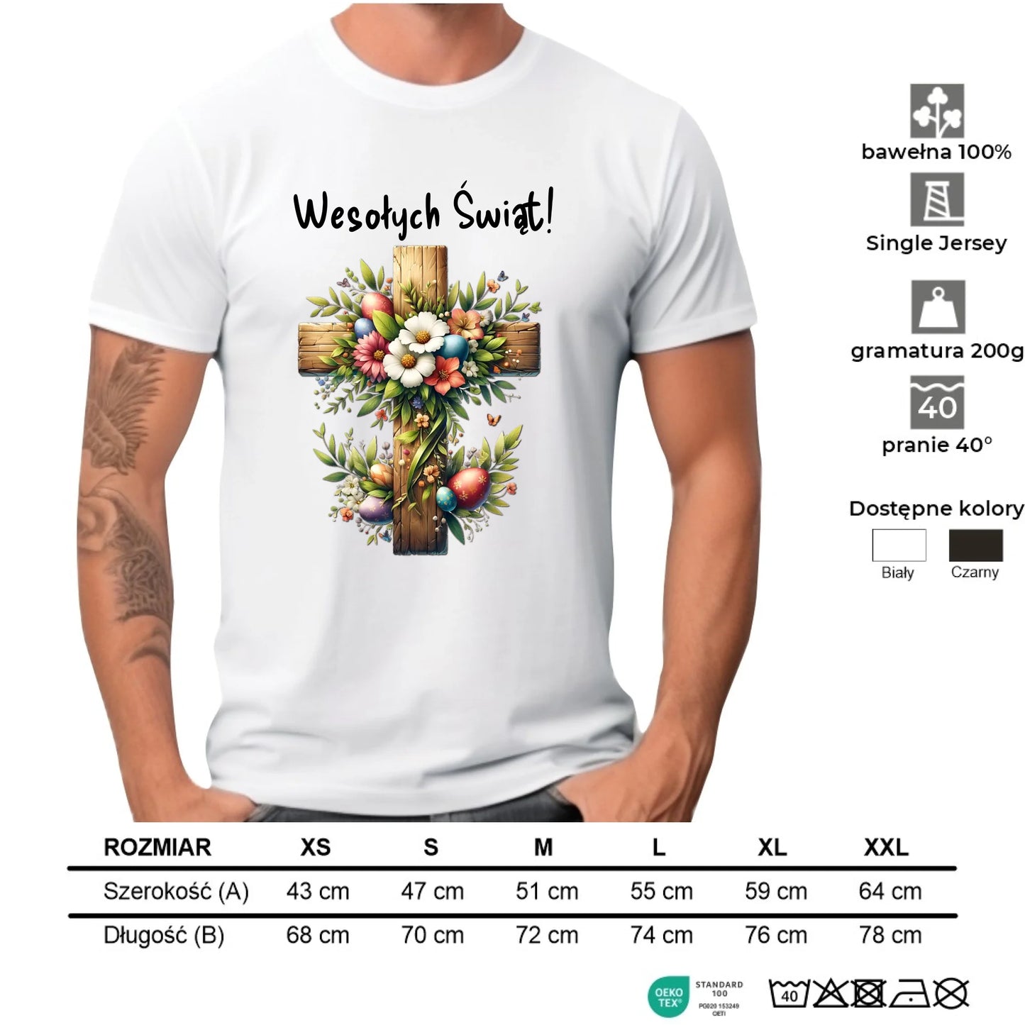 Koszulka męska na Wielkanoc - Krzyż z kwiatami Wesołych Świąt WN02 - StoryCups.pl